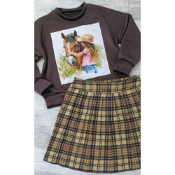 KOMPLET Z KONIEM BLUZA + SPÓDNICA W KRATĘ BRĄZ